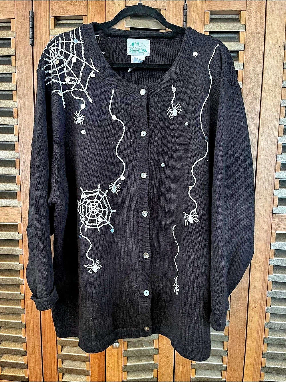 Vintage 90s Quacker Factory Halloween Spider Web Beaded Cardigan Sweater